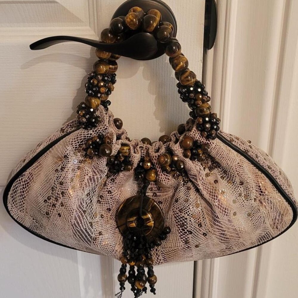 MARY FRANCIS natural stone TIGER EYE hand bag Excellent!